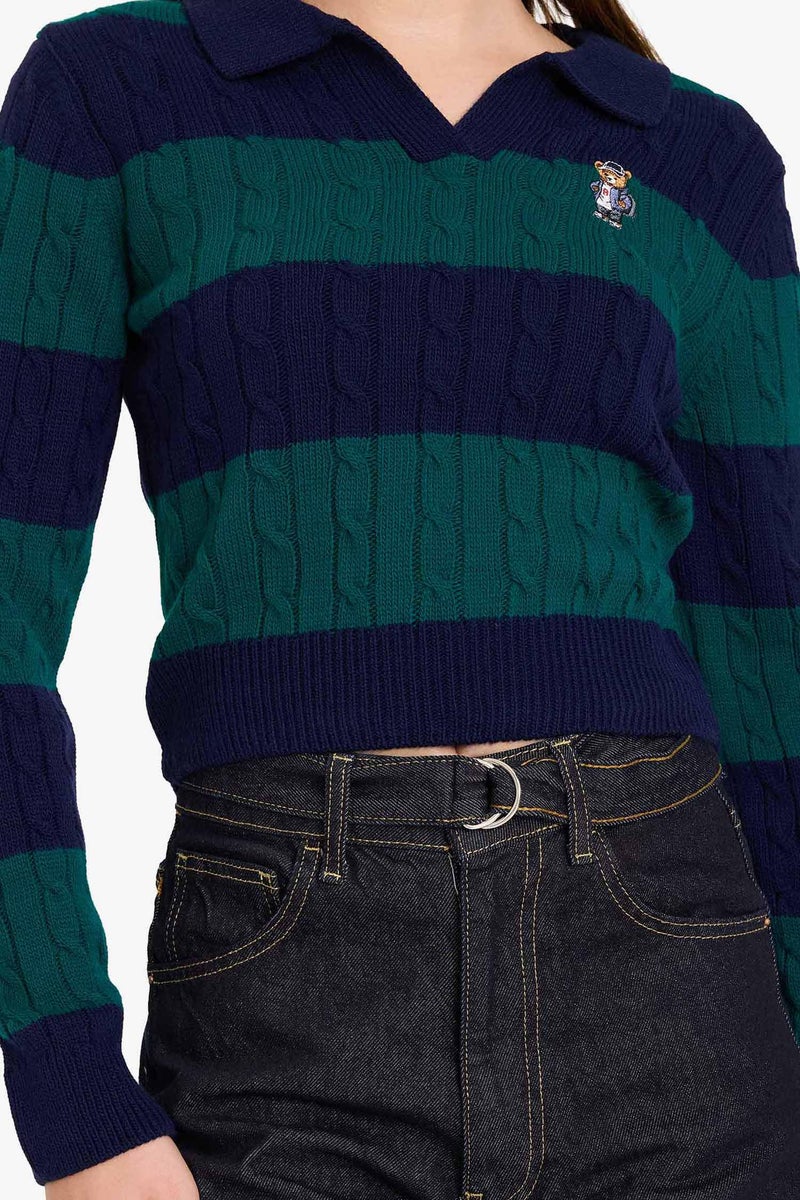 DeFacto Blue Woman Regular Fit Polo Collar Striped Pullover Casual - Image 4